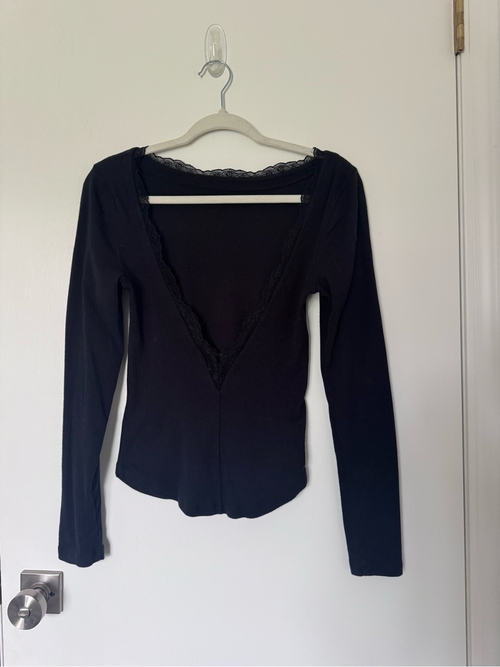 Free People Black Lace-Trim Extreme Deep V-Neck Long Sleeve Top